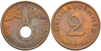 ГЕРМАНИЯ 2 РЕЙХСПФЕННИГА 1937 A KM 90, J. 362 бронза 261-844