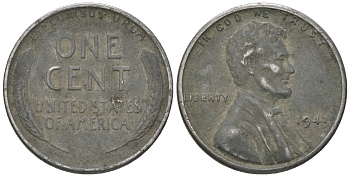 США 1 цент 1943 Авраам Линкольн KM 132 a сталь покрытая цинком 214-721