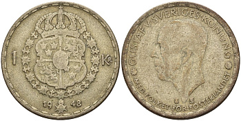 Швеция 1 крона 1948 TS, Густав V (1907-1950) KM 814 серебро 4148-1047