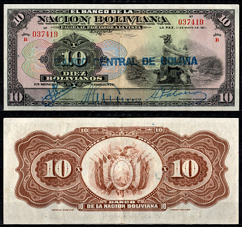 Боливия 10 боливиано 1911 (1929) надпечатка на Pick 107, серия B Pick 114 a(2)  бумага   451-1345-1