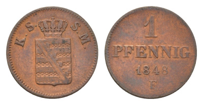 Саксония 1 пфенниг 1848 F, Фридрих Август II (1836-1854) KM 1155 медь 4625-1015