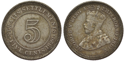 Стрейтс-Сетлментс 5 центов 1926 Георг V (1910-1936) КМ 36 серебро 53-527