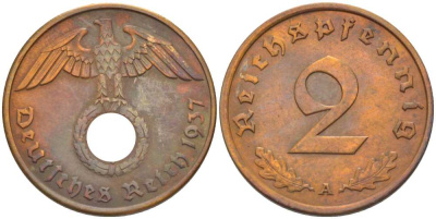 ГЕРМАНИЯ 2 РЕЙХСПФЕННИГА 1937 A KM 90, J. 362 бронза 261-844