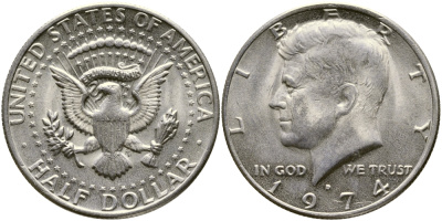 США 1/2 доллара (50 центов) 1974 D, Джон Кеннеди KM 202b медь плакированная медно-никелем 1523-413