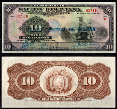 Боливия 10 боливиано 1911 (1929) надпечатка на Pick 107, серия B Pick 114 a(2)  бумага   451-1345-1