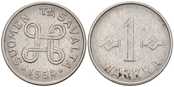 ФИНЛЯНДИЯ 1 МАРКА 1954 KM 38а железо плакированное никелем 192-1211