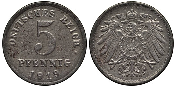 ГЕРМАНИЯ 5 ПФЕННИГОВ 1919 G KM 19, Jager 297, Weege 5 железо 4547-619