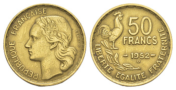 Франция 50 франков 1952 B KM 918 алюминиевая бронза 4543-613