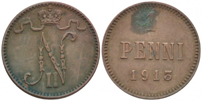 Россия для Финляндии 1 пенни 1913 Николай II (1894-1917) KM 13, Биткин 473 медь 4396-1366