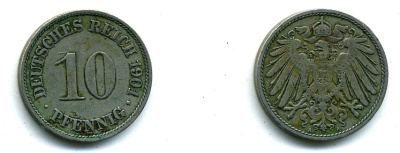 ГЕРМАНИЯ 10 ПФЕННИГОВ 1901 А KM 12, J. 13 медно-никель 57-227