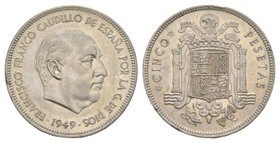 Испания 5 песет 1949 (49) Франсиско Франко (1939-1975), редкий год KM 778 медно-никель aUNC 4379-1215