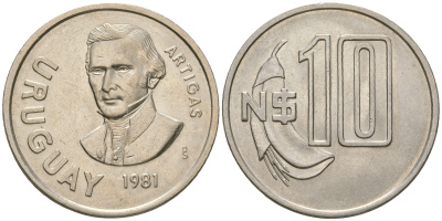 Уругвай 10 песо 1981 Хосе Хервасио Артигас KM  79, Schoen 55 медно-никель  UNC  4448-423