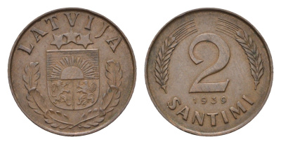 Латвия 2 сантима 1939 KM 11.2 бронза 4689-937