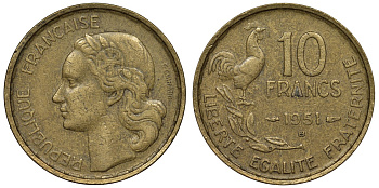 Франция 10 франков 1951 B, петух KM 915.2, Le Franc 363.5 алюминиевая бронза 4128-451