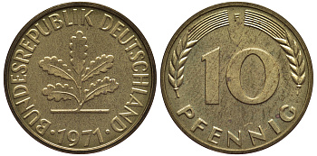 ФРГ 10 пфеннигов 1971 F KM 108, J. 383 сталь плакированная латунью PROOF 1099-4-41