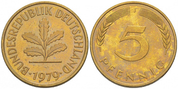 ФРГ 5 ПФЕННИГОВ 1979 J KM 107, J.382 сталь плакированная латунью 3996-1154