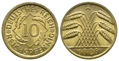 ГЕРМАНИЯ 10 РЕЙХСПФЕННИГОВ 1929 A, KM 40, J. 317 алюминиевая бронза 4380-947