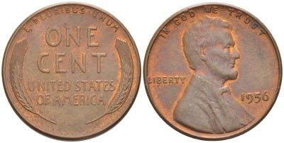 США 1 ЦЕНТ 1956 ЛИНКОЛЬН KM A132 медь цинк UNC 3309-233