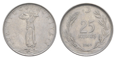 Турция 25 курушей 1968 KM 892.3 нержавеющая сталь 4577-353