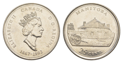 Канада 25 центов 1992 125 лет Конфедерации Канада - Манитоба KM 214 никель UNC 4637-857