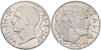 ИТАЛИЯ 20 ЧЕНТЕЗИМО 1941 R, ГОД XIX, ВИКТОР ЭММАНУИЛ III (1900-1946) KM 75b, VEM3. 1028 нержавеющая сталь 3853-751