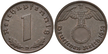 Германия 1 рейхспфенниг 1939 D KM 89, J. 361 бронза 4147-1169