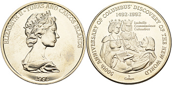 Теркс и Кайкос 5 крон 1991 500 лет открытия Америки, Колумб и королева Изабелла KM 75 медно-никель  UNC 11-236-44