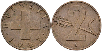 Швейцария 2 раппена 1957 В KM 47 бронза 4591-1213