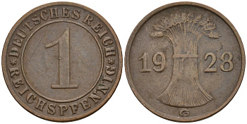 Германия 1 рейхспфенниг 1928 G KM 37, J. 313 бронза 4516-1162