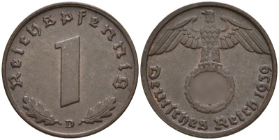 Германия 1 рейхспфенниг 1939 D KM 89, J. 361 бронза 4147-1169