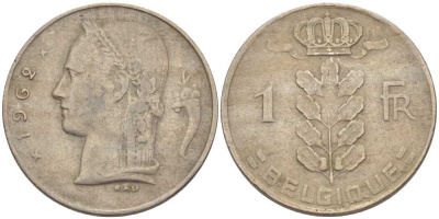 БЕЛЬГИЯ 1 ФРАНК 1962 BELGIQUE, БОДУЭН I (1951-1993) KM 142.1 медно-никель 202-1017