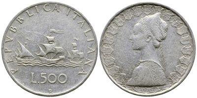Италия 500 лир 1964 R, корабли Колумба KM 98 серебро 4178-934