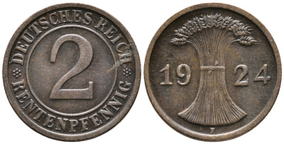 ГЕРМАНИЯ 2 РЕНТЕНПФЕННИГА 1924 F KM 31, J. 307 бронза 24-542