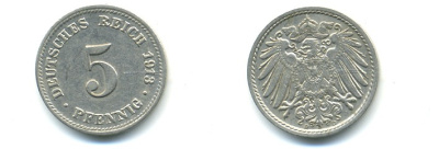 ГЕРМАНИЯ 5 ПФЕННИГОВ 1913 D, KM 11, J. 12 медно-никель 4379-711