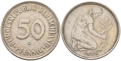 ФРГ 50 пфеннигов 1950 G KM 109, J. 384 медно-никель 4176-656
