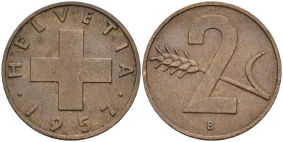 Швейцария 2 раппена 1957 В KM 47 бронза 4591-1213