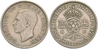 Великобритания 2 шиллинга (флорин) 1948 Георг VI (1936-1952) KM 865, Spink 4102 медно-никель 189-541