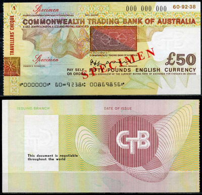 Австралия, Оптовый банк 50 фунтов ND дорожные чек, образец Specimen   бумага  UNC (пресс) 444-35-1-1
