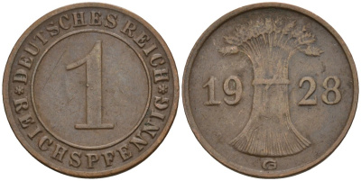 Германия 1 рейхспфенниг 1928 G KM 37, J. 313 бронза 4516-1162
