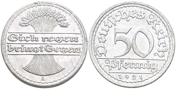 ГЕРМАНИЯ 50 ПФЕННИГОВ 1921 A KM 27, J. 301, Weege 10 алюминий 261-726