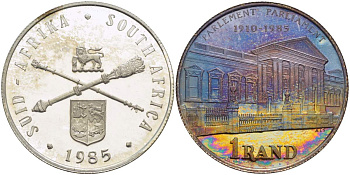 ЮАР 1 ранд 1985 75 лет Парламенту, в оригинальной коробке KM 116 серебро PROOF 3-4-1-26
