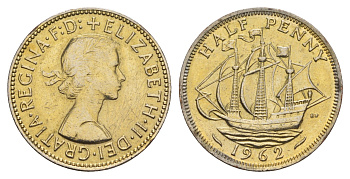 Великобритания 1/2 пенни 1962 Елизавета II (1952-2022) KM 896, Spink 4158 бронза 4656-345