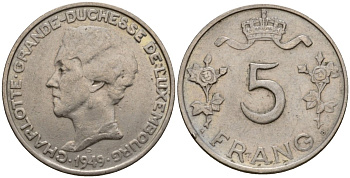 Люксембург 5 франков 1949 Великая герцогиня Шарлотта (1919-1964) KM 50 медно-никель 4603-1131