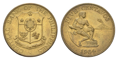 Филиппины 5 сентаво 1964 KM 187 латунь UNC 4668-654