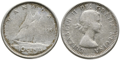 Канада 10 центов 1959 ЕЛИЗАВЕТА II (1952-), ПАРУСНИК, ПЕРВЫЙ ПОРТРЕТ KM 51 серебро 4532-756