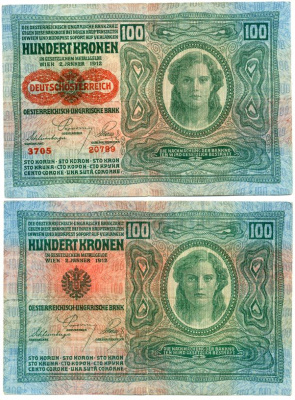 Австрия 100 крон 1912 (1919) красная надпечатка на Pick 12, на аверсе Pick 56 a бумага 444-127-1