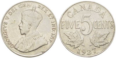 КАНАДА 5 ЦЕНТОВ 1927 ГЕОРГ V KM 29 никель 4448-921