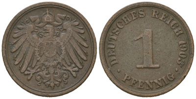 Германия 1 пфенниг 1903 A, Вильгельм II (1888-1918) KM 10, J. 10, Weege 2 медь 4615-218