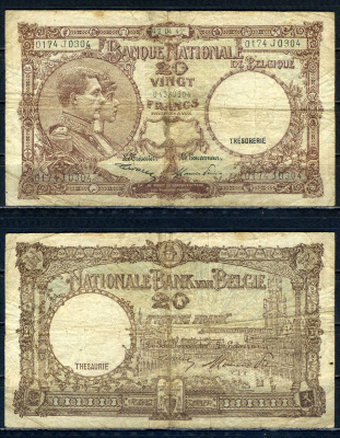 Бельгия 20 франков 1947 02.04.1947, Король Альберт I и его жена Королева Елизавета, Гран-Плас / Гроте Маркт, Брюссель Pick 111 (3) бумага 6301-19-2-2