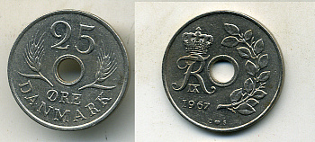 ДАНИЯ 25 ЭРЕ 1967 С; S, ФРЕДЕРИК IX (1947-1972) KM 855.1 медно-никель 54-1161
